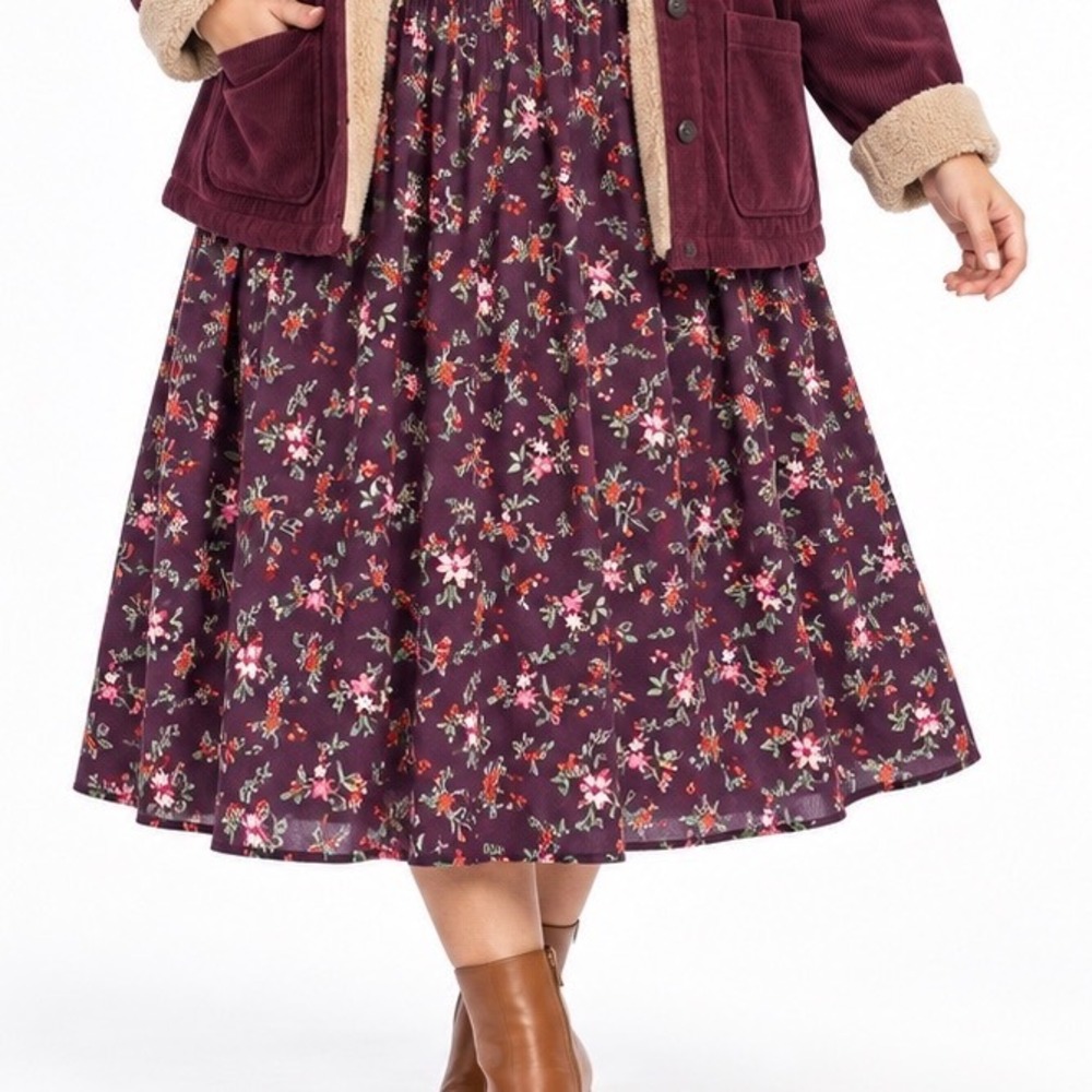 Old Navy Purple Ditsy Floral Gathered Midi Skirt Women's 2X Rayon